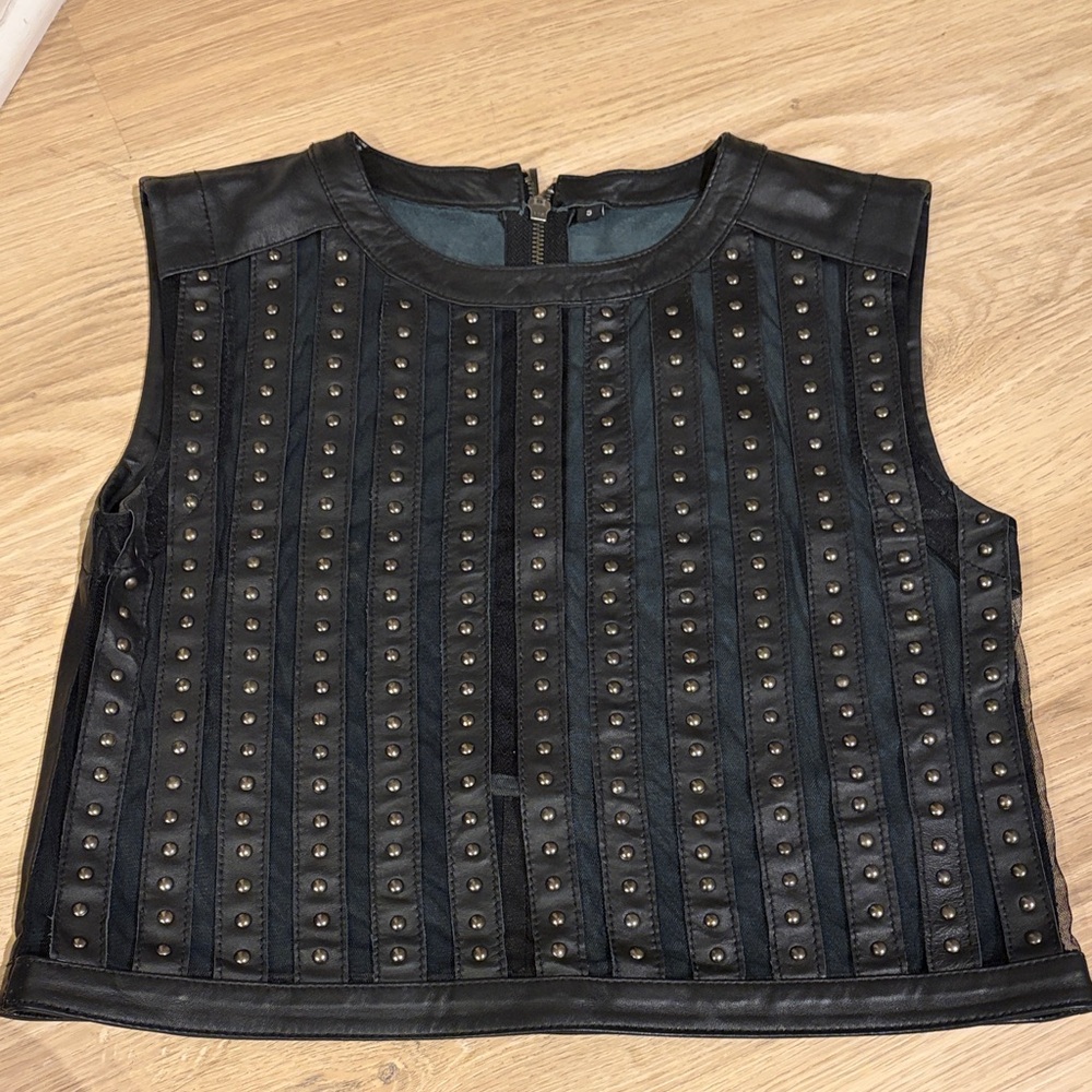 Black Studded Leather Crop Vest
